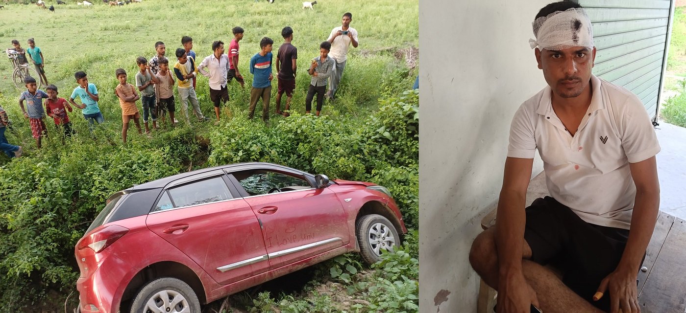 Wबाइक सवार को बचाने में खाइ में घुसी कार, चालक चोटिल